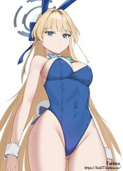 Rule 34 | 1girl, animal ears, bare shoulders, blonde hair, blue archive, blue bow, blue eyes, blue hairband, blue leotard, bow, bowtie, braid, breasts, closed mouth, detached collar, fake animal ears, hairband, halo, highleg, highleg leotard, highres, leotard, long hair, medium breasts, official alternate costume, official alternate hairstyle, playboy bunny, rabbit ears, rabbit tail, siguya, tail, thighs, toki (blue archive), toki (bunny) (blue archive), very long hair, wrist cuffs