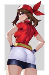 Rule 34 | 1girl, ass, bandana, bike shorts, blue eyes, breasts, brown hair, closed mouth, commentary, creatures (company), from behind, game freak, hair between eyes, hands on own hips, long hair, looking at viewer, looking back, may (pokemon), medium breasts, nintendo, pokemon, pokemon rse, red bandana, red shirt, shirt, short hair, solo, standing, thighs, volyz