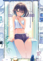 Rule 34 | 1girl, bare arms, bare shoulders, black hair, window blinds, blue shirt, brushing teeth, camisole, crop top, dolphin shorts, hair between eyes, highres, holding, indoors, kagawa ichigo, leaning back, looking away, miniskirt, mirror, navel, original, purple shorts, reflection, shirt, short hair, short shorts, shorts, skirt, sleeveless, sleeveless shirt, solo, spaghetti strap, stomach, thighs, toothbrush, window