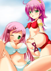 Rule 34 | 2girls, absurdres, ass, athena: full throttle, athena (series), bikini, breasts, front-tie bikini top, front-tie top, green eyes, helene (athena), highres, large breasts, long hair, looking at viewer, multiple girls, navel, pink hair, princess athena, purple hair, side-tie bikini bottom, smile, snk, swimsuit, tongue, wink
