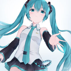 Rule 34 | 1girl, absurdres, aqua eyes, aqua hair, aqua necktie, black skirt, closed mouth, detached sleeves, hatsune miku, highres, long hair, looking at viewer, miniskirt, necktie, okome (okome 0627ha), pleated skirt, signature, simple background, skirt, solo, twintails, vocaloid, white background