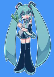 Rule 34 | 1girl, agpgwm, aqua eyes, aqua footwear, aqua hair, bare shoulders, black skirt, black sleeves, black thighhighs, blue background, blush stickers, detached sleeves, food, grey shirt, hair between eyes, hatsune miku, headphones, highres, holding, holding food, holding spring onion, holding vegetable, long hair, looking at viewer, necktie, number tattoo, open mouth, outline, shirt, shoulder tattoo, sidelocks, simple background, skirt, sleeveless, smile, solo, spring onion, tattoo, thighhighs, twintails, vegetable, vocaloid, white outline