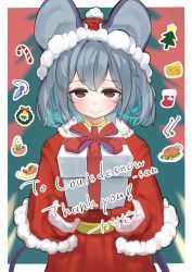 Rule 34 | 1girl, animal ears, blurry, blurry background, blush, border, commentary request, commission, grey hair, hat, highres, incoming gift, kakedashi, looking at viewer, medium hair, mittens, mouse ears, mouse tail, nazrin, red eyes, santa costume, santa hat, skeb commission, solo, tail, touhou, white border