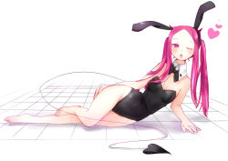Rule 34 | 1girl, animal ears, bad id, bad pixiv id, bare legs, barefoot, bow, bowtie, chibiibiru, demon tail, detached collar, fake animal ears, long hair, lying, on side, one eye closed, original, pink eyes, pink hair, playboy bunny, rabbit ears, solo, tail, twintails, wink