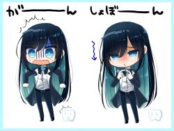 Rule 34 | 1girl, ado (utaite), belt, belt buckle, black belt, black bow, black bowtie, black coat, black hair, black pants, blue border, blue eyes, blue flower, blue hair, blue rose, blush, border, bow, bowtie, buckle, chando (ado), chibi, closed mouth, cloud nine inc, coat, colored inner hair, commentary request, dress shirt, flower, flower brooch, gloves, index fingers together, long hair, long sleeves, mole, mole under eye, multicolored hair, multiple views, nervous sweating, open clothes, open coat, open mouth, outside border, pants, rose, shirt, shoko (gs music11), sidelocks, standing, sweat, tearing up, translation request, utaite, very long hair, wavy mouth, white background, white gloves, white shirt