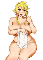 Rule 34 | 10s, 1girl, akame ga kill!, areola slip, belly, blonde hair, blush, breasts, brown eyes, cleavage, fang, female pubic hair, highres, huge breasts, ikinari mojio, leone (akame ga kill!), long hair, looking at viewer, nude, open mouth, plump, pubic hair, simple background, sitting, solo, sweat, thick thighs, thighs, tongue, towel, white background, wide hips, yellow eyes