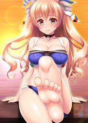 Rule 34 | 1girl, absurdres, bare arms, bare legs, bare shoulders, barefoot, bikini, blue bikini, blush, breasts, brown eyes, cleavage, closed mouth, collarbone, foot focus, foreshortening, hair between eyes, highres, johnston (kancolle), kantai collection, large breasts, light brown hair, long hair, ruin re birth, solo, swimsuit, toes, two side up