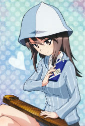 Rule 34 | 10s, 1girl, blue hat, brown eyes, brown hair, finnish text, gift, girls und panzer, hair between eyes, hat, highres, instrument, kantele, long hair, mika (girls und panzer), official art, patterned background, ribbon, shirt, smile, solo, striped clothes, striped shirt, valentine, vertical-striped clothes, vertical-striped shirt