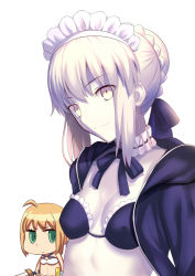 Rule 34 | 2girls, artoria pendragon (all), artoria pendragon (alter swimsuit rider) (second ascension) (fate), artoria pendragon (fate), artoria pendragon (swimsuit archer) (first ascension) (fate), besmiled, bikini, black ribbon, blonde hair, blush, chibi, chibi inset, closed mouth, fate/grand order, fate (series), green eyes, hair ribbon, looking at viewer, maid, maid bikini, maid headdress, multiple girls, official style, pale skin, ribbon, saber (fate), saber alter, smile, swimsuit, unconventional maid, yellow eyes