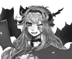 Rule 34 | 1girl, black hairband, chaos aurora (grimms notes), detached sleeves, fang, grimms notes, hairband, long hair, messy hair, monochrome, one eye closed, simple background, smile, solo, teeth, thorns, tukiniyosu, upper body, white background