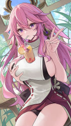 Rule 34 | 1girl, animal ears, bare shoulders, blush, breast hold, breasts, bubble tea challenge, catsmoon, cowboy shot, cup, drinking glass, drinking straw, earrings, fox ears, genshin impact, hair between eyes, hair ornament, highres, jewelry, large breasts, long hair, looking at viewer, nontraditional miko, pink hair, plant, purple eyes, sidelocks, sitting, solo, table, thighs, v, yae miko