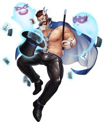 Rule 34 | 1boy, abs, artist request, bara, bare pectorals, beard, black-framed eyewear, black pants, blue cape, blue eyes, brown hair, bulge, cape, chest hair, european clothes, facial hair, floating, floating object, ghost, gluteal fold, gyee, hair slicked back, halloween, halloween costume, hat, highres, large pectorals, latex, latex pants, male focus, mask, mature male, muscular, muscular male, navel, nipples, official alternate costume, official art, pants, pectorals, poker, short hair, solo, stomach, thick thighs, thighs, top hat, transparent background, vundo (gyee)