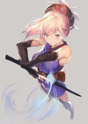 Rule 34 | 1girl, asymmetrical bangs, bad id, bad twitter id, bare shoulders, dual wielding, elbow gloves, fate/grand order, fate (series), gloves, grey background, hair ornament, holding, japanese clothes, katana, miyamoto musashi (fate), miyamoto musashi (first ascension) (fate), pink hair, ponytail, purple eyes, simple background, sola (solo0730), solo, sword, weapon