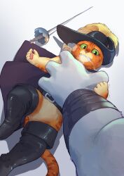 Rule 34 | 2boys, arange (youhei79384157), belt, black footwear, boots, cape, cat, cat boy, cavalier hat, commentary, death (puss in boots), defeat, english commentary, fangs, furry, furry male, green eyes, hand grab, hat, hat feather, heavy breathing, height difference, looking at another, looking at viewer, lying, male focus, multiple boys, muscular, neck grab, no genitals, on back, orange cat, orange fur, puss in boots, puss in boots: the last wish, puss in boots (shrek), rapier, scared, shrek (series), size difference, sword, tail, trembling, weapon, whiskers, wolf, wolf boy, yaoi