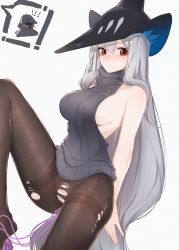 Rule 34 | 1girl, absurdly long hair, arknights, black hat, black pantyhose, black sweater, blush, breasts, doctor (arknights), grey hair, hat, highres, inniyik, knee up, large breasts, long hair, looking at viewer, meme attire, object insertion, pantyhose, red eyes, sex toy, sideboob, simple background, skadi (arknights), solo, speech bubble, spoken character, sweater, thighband pantyhose, torn clothes, torn pantyhose, turtleneck, turtleneck sweater, vaginal, vaginal object insertion, very long hair, vibrator, vibrator cord, virgin killer sweater, white background