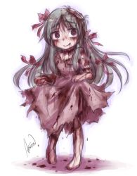 Rule 34 | 1girl, aosora (mizore), barefoot, blood, blood on face, blood on clothes, bow, dress, green hair, original, pink bow, pink dress, pink eyes, smile, solo, torn clothes, torn dress