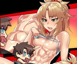Rule 34 | 1boy, 1girl, abs, blonde hair, blue eyes, blush, blush stickers, braid, breasts, brown hair, chibi, clothes lift, commentary, fang, fate/grand order, fate (series), french braid, fujimaru ritsuka (male), green eyes, hair ornament, hair scrunchie, jewelry, licking, looking down, mikoyan, mordred (fate), mordred (fate/apocrypha), muscular, muscular female, navel, necklace, nipples, open mouth, ponytail, red scrunchie, scrunchie, shirt lift, small breasts, smile, sweat