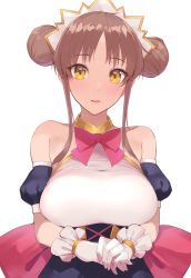 Rule 34 | 1girl, bare shoulders, blue dress, blush, bow, bowtie, breasts, brown hair, cross-laced clothes, double bun, dress, gloves, hair bun, halterneck, highres, large breasts, parted bangs, parted lips, pink bow, pink bowtie, princess connect!, sidelocks, simple background, solo, suzume (princess connect!), underbust, white background, white gloves, yaman, yellow eyes