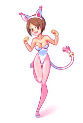 Rule 34 | 1girl, alternate costume, animal ears, blue footwear, blush, breasts, brown hair, cat ears, cat girl, cat tail, cleavage, collarbone, cosplay, digimon, digimon adventure, drantyno, gloves, highres, leg up, leotard, looking at viewer, medium breasts, open mouth, pantyhose, paw pose, pink pantyhose, red eyes, shoes, short hair, smile, solo, standing, standing on one leg, tail, tail ornament, tail ring, tailmon, tailmon (cosplay), teeth, white background, white leotard, yagami hikari, yellow gloves