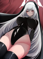 Rule 34 | 10eki (tenchou), 1girl, absurdres, black bodysuit, black leotard, black thighhighs, blue archive, blush, bodysuit, breasts, closed mouth, from below, grey hair, halo, highres, justina follower (blue archive), large breasts, latex, latex leotard, latex thighhighs, leotard, long hair, looking at viewer, looking down, nun, red eyes, sakurako (blue archive), smile, solo, thighhighs, very long hair