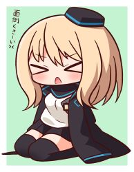 Rule 34 | &gt; &lt;, 1girl, arknights, black hat, black jacket, black skirt, black thighhighs, blonde hair, blush, breasts, chibi, closed eyes, durin (arknights), facing viewer, full body, garrison cap, garrod ran, green background, hair between eyes, hana kazari, hat, highres, jacket, long hair, long sleeves, open clothes, open jacket, open mouth, pleated skirt, seiza, shadow, shirt, sitting, skirt, sleeves past fingers, sleeves past wrists, small breasts, solo, thighhighs, translation request, two-tone background, v-shaped eyebrows, white background, white shirt