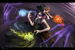 Rule 34 | black dress, black hat, blue eyes, bow, commentary request, cyclops, disembodied hand, dress, expressionless, fireball, gesture, hat, hat bow, hat ribbon, ice, letterboxed, lightning, looking at viewer, neck ribbon, one-eyed, original, ray-k, ribbon, sleeveless, sleeveless dress, solo, white ribbon