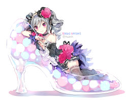Rule 34 | 10s, 1girl, bare shoulders, black thighhighs, blush, character name, crown, detached sleeves, dress, drill hair, flower, glass slipper, hair flower, hair ornament, hair ribbon, high heels, idolmaster, idolmaster cinderella girls, kanzaki ranko, long hair, looking at viewer, mini person, minigirl, nardack, oversized object, red eyes, ribbon, silver hair, smile, solo, thighhighs, twin drills, twintails, twitter username
