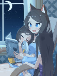 Rule 34 | 3girls, :d, absurdres, aina (mao lian), animal ear fluff, animal ears, black choker, blue eyes, blue sky, blush, book, cat ears, cat tail, child, choker, crescent moon, from side, grey hair, highres, holding, holding book, long hair, mao lian (nekokao), moon, mother and daughter, multiple girls, night, night sky, on chair, open book, open mouth, original, reading, siblings, sisters, sitting, sitting on person, sky, smile, tail