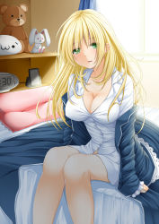 Rule 34 | 10s, 1girl, :3, atago (kancolle), blanket, blonde hair, breasts, cleavage, clock, creek (moon-sky), green eyes, kantai collection, large breasts, no headwear, open mouth, personification, pillow, sitting, solo, stuffed animal, stuffed rabbit, stuffed toy, teddy bear
