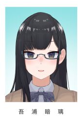 Rule 34 | 1girl, asymmetrical bangs, black hair, blue bow, blue bowtie, bow, bowtie, brown eyes, brown jacket, character name, commentary request, eyes visible through hair, glasses, highres, jacket, long hair, original, portrait, smile, solo, translation request, tsurumi kazane