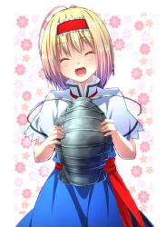Rule 34 | 1girl, alice margatroid, animal, blonde hair, blurry, blurry background, capelet, closed eyes, facing viewer, floral background, hairband, holding, holding animal, isopod, medium hair, open mouth, red hairband, ryosios, solo, touhou, white capelet