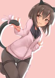 Rule 34 | 1girl, absurdres, alternate costume, animal ears, black pantyhose, blush, brown eyes, brown hair, cat ears, cat tail, dutch angle, fake animal ears, highres, kantai collection, looking at viewer, no shoes, panties, panties under pantyhose, pantyhose, pink background, pink ribbon, pink sweater, ribbon, sailor collar, short hair, simple background, smile, solo, sweater, taihou (kancolle), tail, tail ornament, tail ribbon, twitter username, underwear, uut