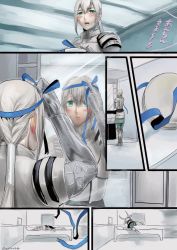 Rule 34 | 1boy, armor, armored boots, bed, bedivere (fate), blue ribbon, blush, boots, comic, commentary request, embarrassed, fate/grand order, fate (series), gauntlets, gift, green eyes, hair ribbon, indoors, long hair, mirror, pillow, ponytail, reflection, ribbon, sutocking, translated, twintails, tying, white hair