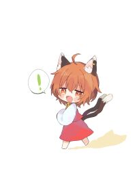 Rule 34 | !, 1girl, ahoge, animal ear fluff, animal ear piercing, animal ears, bright pupils, brown eyes, brown hair, cat ears, cat tail, chaki (kinaneko2149), chen, chibi, commentary request, earrings, fang, from side, full body, gold trim, highres, jewelry, long sleeves, looking at viewer, looking to the side, multiple tails, nekomata, no headwear, one-hour drawing challenge, open mouth, puffy long sleeves, puffy sleeves, red skirt, red vest, shadow, short hair, simple background, single earring, skin fang, skirt, skirt set, solo, spoken exclamation mark, tail, touhou, two tails, vest, white background, white pupils