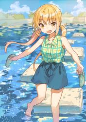Rule 34 | 1girl, alternate costume, blonde hair, blue shorts, blue sky, cloud, commentary request, commission, day, kantai collection, long hair, mitsuyo (mituyo324), outdoors, plaid, plaid shirt, sandals, unworn sandals, satsuki (kancolle), shirt, shorts, sky, sleeveless, sleeveless shirt, smile, solo, stepping stones, twintails, water, yellow eyes