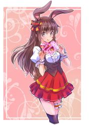 Rule 34 | 1girl, animal ears, blush, bow, bowtie, breasts, brown eyes, brown hair, closed mouth, facing viewer, faunus (rwby), frills, hair ornament, hair ribbon, hands up, happy, heart, heart hair ornament, highres, iesupa, large breasts, legwear garter, long hair, looking at viewer, matching hair/eyes, pleated skirt, pointy ears, puffy short sleeves, puffy sleeves, rabbit ears, rabbit girl, rabbit tail, red skirt, ribbon, rwby, short sleeves, single legwear garter, skirt, smile, solo, standing, tail, thighhighs, underbust, velvet scarlatina, vest, wrist cuffs