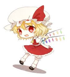 Rule 34 | 1girl, ascot, bad id, bad nicoseiga id, blonde hair, blush, chibi, fang, flandre scarlet, hat, honotai, looking at viewer, open mouth, red eyes, short hair, side ponytail, smile, solo, touhou, white background, wings