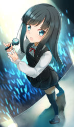 Rule 34 | 1girl, :o, asashio (kancolle), black dress, black footwear, black hair, black thighhighs, blue eyes, blurry, blurry background, blush, collared shirt, comah, commentary request, depth of field, dress, dress shirt, full body, glowstick, highres, holding, holding microphone, kantai collection, long hair, long sleeves, microphone, neck ribbon, open mouth, pinafore dress, pleated dress, red ribbon, ribbon, shirt, shoes, sleeveless, sleeveless dress, sleeves past wrists, solo, standing, thighhighs, very long hair, white shirt