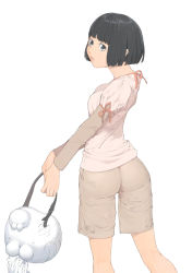 Rule 34 | 1girl, akinbo (hyouka fuyou), ass, bag, black hair, female focus, highres, looking back, original, short hair, shorts, simple background, solo, white background