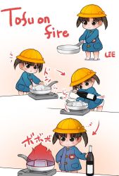 Rule 34 | 1girl, alcohol, artist name, blue dress, bottle, brown eyes, brown hair, child, cooking, dress, english text, fire, flambe, food, frying pan, hand on own hip, hat, kindergarten uniform, lee (colt), original, panties, portable stove, sequential, short dress, short hair, smile, solo, tofu, twintails, underwear, v-shaped eyebrows, white panties, yellow hat