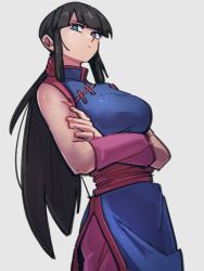 Rule 34 | 1girl, black hair, blue dress, blue eyes, breasts, chi-chi (dragon ball), china dress, chinese clothes, closed mouth, crossed arms, dragon ball, dragon ball (classic), dress, grey background, kemachiku, long hair, looking at viewer, medium breasts, non porn, simple background, sleeveless, sleeveless dress