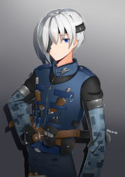 Rule 34 | 1girl, absurdres, bandages, blue eyes, camouflage, eyepatch, highres, military, original, short sword, silver hair, solo, sword, weapon, zabioz