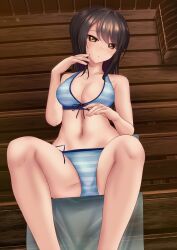 Rule 34 | 1girl, bikini, blue bikini, blush, breasts, brown eyes, brown hair, cleavage, closed mouth, commentary request, commission, girls und panzer, half-closed eyes, halterneck, head tilt, highres, holding, holding instrument, indoors, instrument, kantele, legs apart, light frown, long hair, looking at viewer, medium breasts, mika (girls und panzer), navel, partial commentary, pixiv commission, sauna, shounen (hogehoge), side-tie bikini bottom, solo, striped bikini, striped clothes, swimsuit, wooden wall