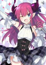 Rule 34 | 10s, 1girl, ;d, argyle, argyle background, argyle clothes, artist name, blue eyes, corset, detached sleeves, elizabeth bathory (fate), elizabeth bathory (fate/extra ccc), elizabeth bathory (second ascension) (fate), fang, fate/extra, fate/extra ccc, fate (series), frilled shirt collar, frills, hair between eyes, highres, holding, holding microphone, horns, long hair, looking at viewer, microphone, nikame, one eye closed, open mouth, plaid, plaid skirt, pointy ears, purple hair, signature, skirt, smile, solo, sparkle, tsurime, unmoving pattern