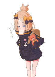 Rule 34 | 1girl, abigail williams (fate), abigail williams (traveling outfit) (fate), backpack, bag, black bow, black jacket, blonde hair, blue eyes, blush, bow, bread slice, commentary request, crossed bandaids, fate/grand order, fate (series), food, food in mouth, hair bow, hair bun, heroic spirit traveling outfit, highres, hugging object, jacket, leaning forward, long hair, long sleeves, looking at viewer, mouth hold, official alternate costume, orange bow, parted bangs, polka dot, polka dot bow, randoseru, sakazakinchan, simple background, single hair bun, sleepy, sleeves past fingers, sleeves past wrists, solo, standing, stuffed animal, stuffed toy, teddy bear, toast, toast in mouth, white background