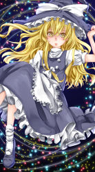 Rule 34 | 1girl, :o, bad id, bad pixiv id, black footwear, blonde hair, bow, frilled skirt, frills, hat, hat bow, hat tip, highres, kirisame marisa, long hair, long skirt, open mouth, puffy short sleeves, puffy sleeves, shoes, short sleeves, skirt, skirt set, socks, solo, sou futoshi, souta (karasu no ouchi), sparkle, touhou, turtleneck, vest, white socks, witch, witch hat, yellow eyes