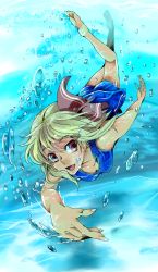 Rule 34 | 1girl, air bubble, barefoot, blonde hair, bubble, diving, fang, freediving, nmknf (mkn), red eyes, rumia, solo, swimming, swimsuit, touhou, underwater