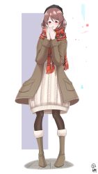 Rule 34 | 1girl, absurdres, aran sweater, beanie, black hat, black pantyhose, boots, brown coat, brown eyes, brown footwear, brown hair, cable knit, coat, dress, enpera, full body, fur-trimmed boots, fur trim, hands up, hat, highres, idolmaster, idolmaster cinderella girls, long sleeves, mifune miyu, motodouryou, open clothes, open coat, open mouth, pantyhose, plaid, plaid scarf, red scarf, scarf, shirt, solo, sweater, sweater dress, white background, white dress, white shirt
