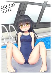 Rule 34 | 1girl, ahoge, bare legs, black hair, blue one-piece swimsuit, blush, breasts, competition school swimsuit, competition swimsuit, crescent moon, dated, embarrassed, hair between eyes, highres, indoors, kantai collection, long hair, mikazuki (kancolle), moon, new school swimsuit, one-piece swimsuit, pepatiku, pool, rei no pool, school swimsuit, sitting, small breasts, solo, swimsuit, water, wavy mouth, window, yellow eyes