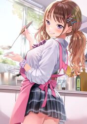 Rule 34 | 1girl, apron, black skirt, brown hair, collared shirt, comiket 101, commentary request, cooking, day, grin, hair ornament, hairclip, highres, holding, holding ladle, indoors, kitchen, ladle, long hair, looking at viewer, matsuzaki miyuki, original, plaid, plaid skirt, pleated skirt, purple eyes, school uniform, shirt, skirt, smile, solo, standing, teeth, uniform, white shirt, window, x hair ornament